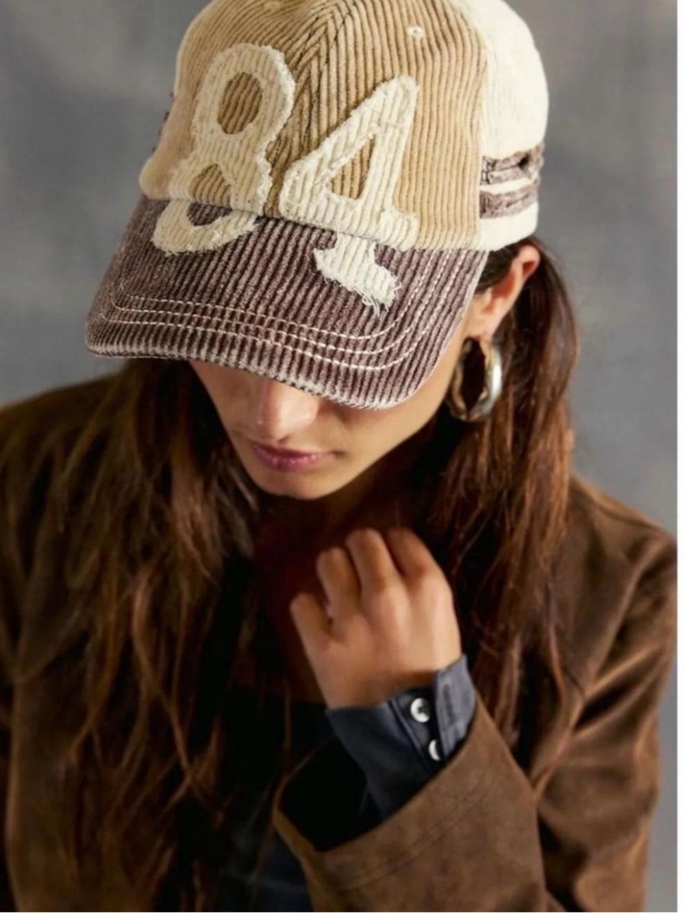 Free People Hollie Varsity Corduroy Hat | Tan & Brown 84 Baseball Cap NEW
